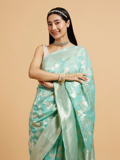 Mohey Sea Green Bel Buti Patterned Saree - view 2