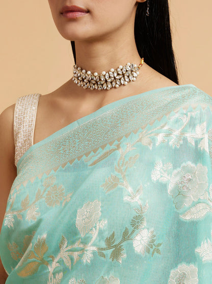 Mohey Sea Green Bel Buti Patterned Saree - view 4