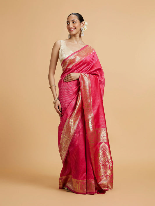 Mohey Rani Pink Dotted Patterned Saree with Peacock Zari Motifs on the Border