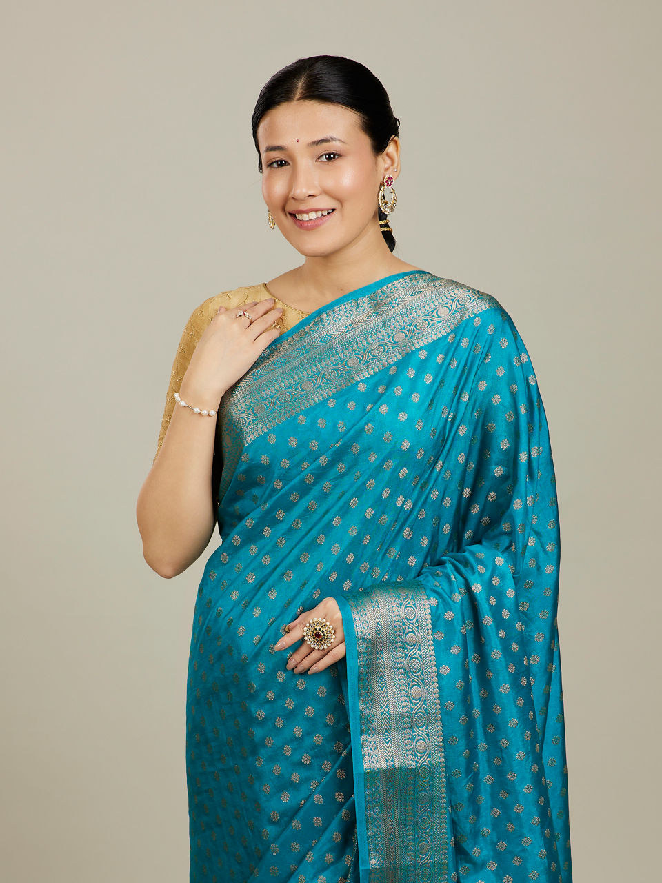 Mohey Teal Blue Buta Patterned Saree with Intricate Borders - view 2