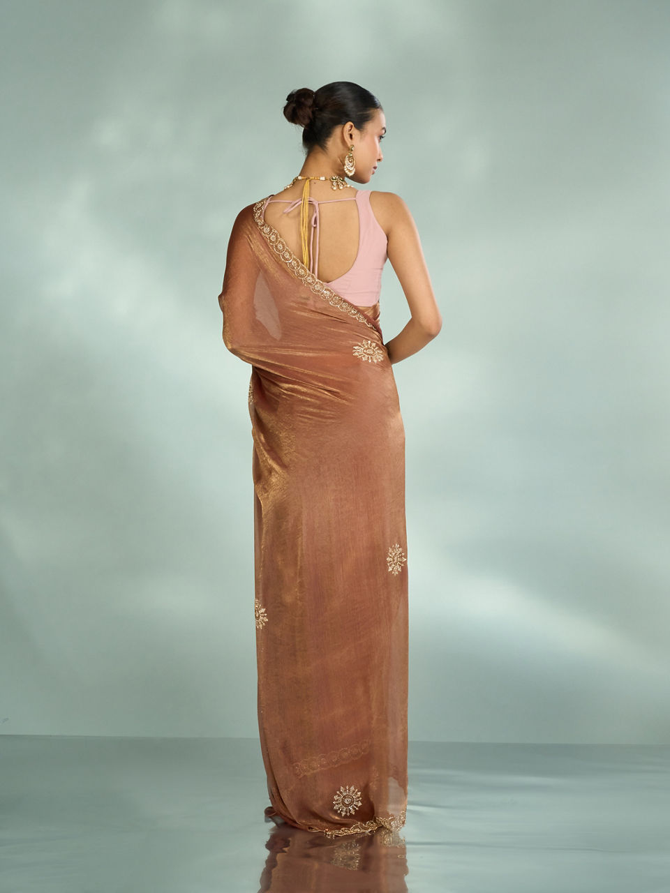 Mohey Elegant Rust Red Chinon Saree - view 5