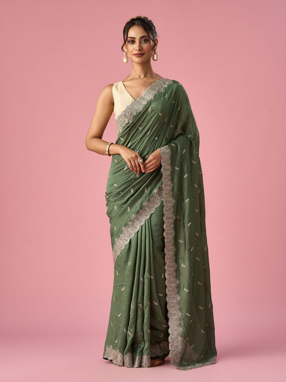 Mohey Green Silk Saree with Stone Work