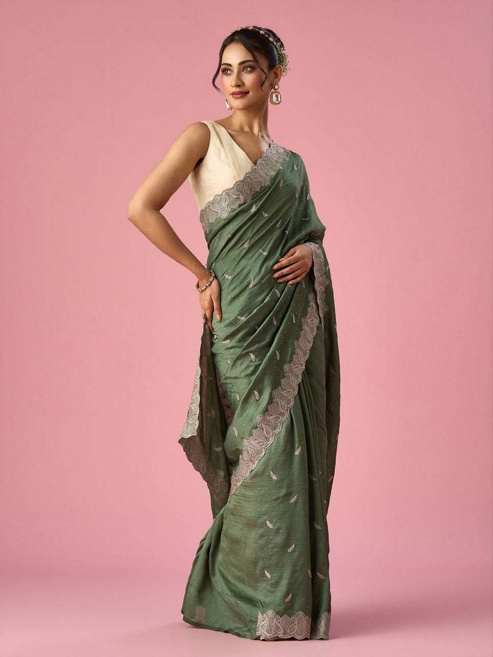 Mohey Green Silk Saree with Stone Work - view 3