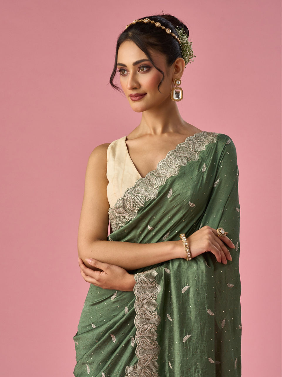 Mohey Green Silk Saree with Stone Work - view 2