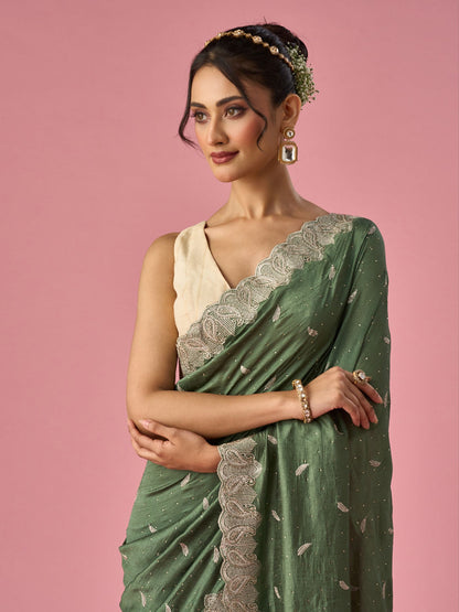 Mohey Green Silk Saree with Stone Work - view 2