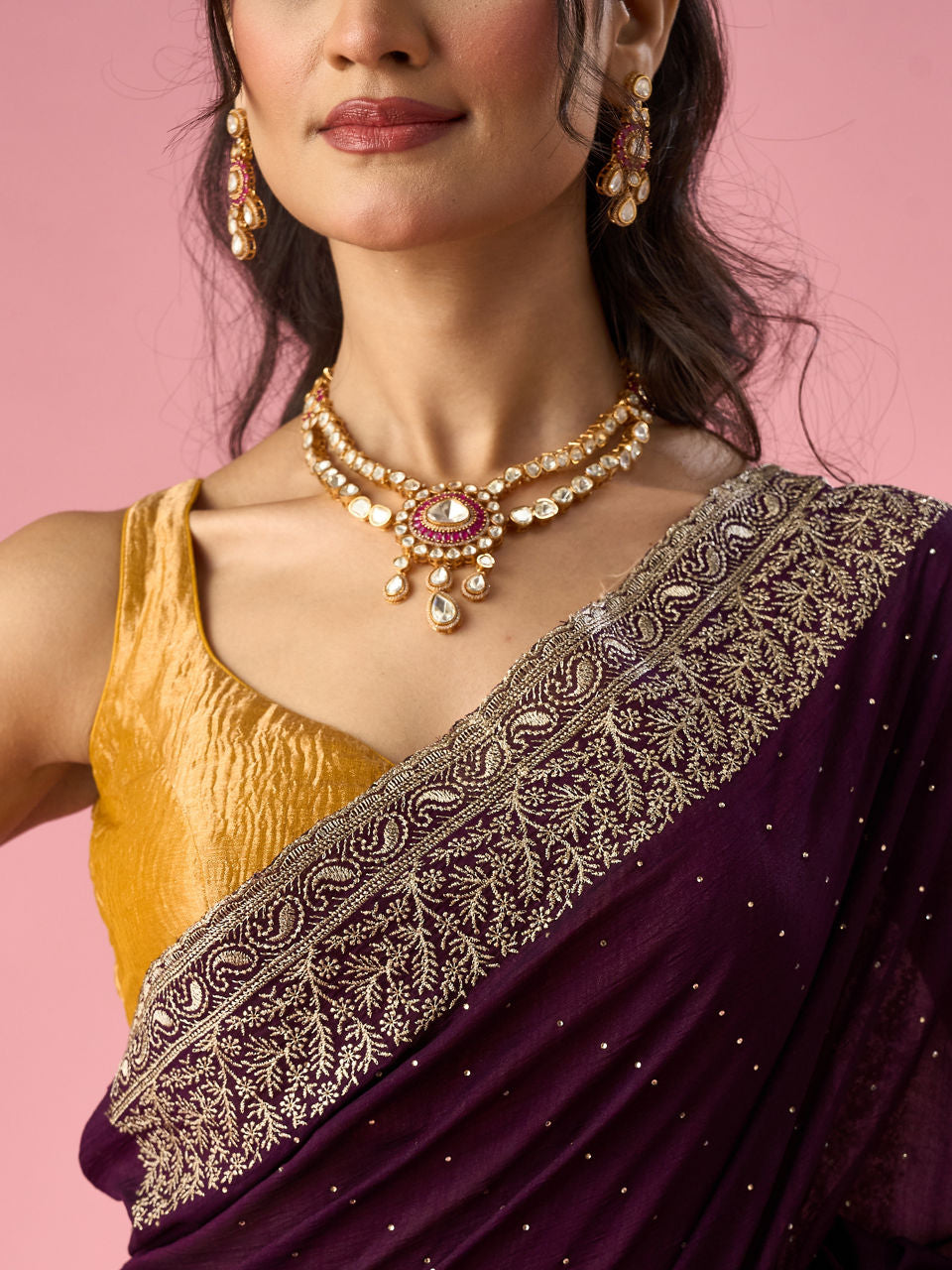 Mohey Purple Silk Saree with Stone Work - view 4