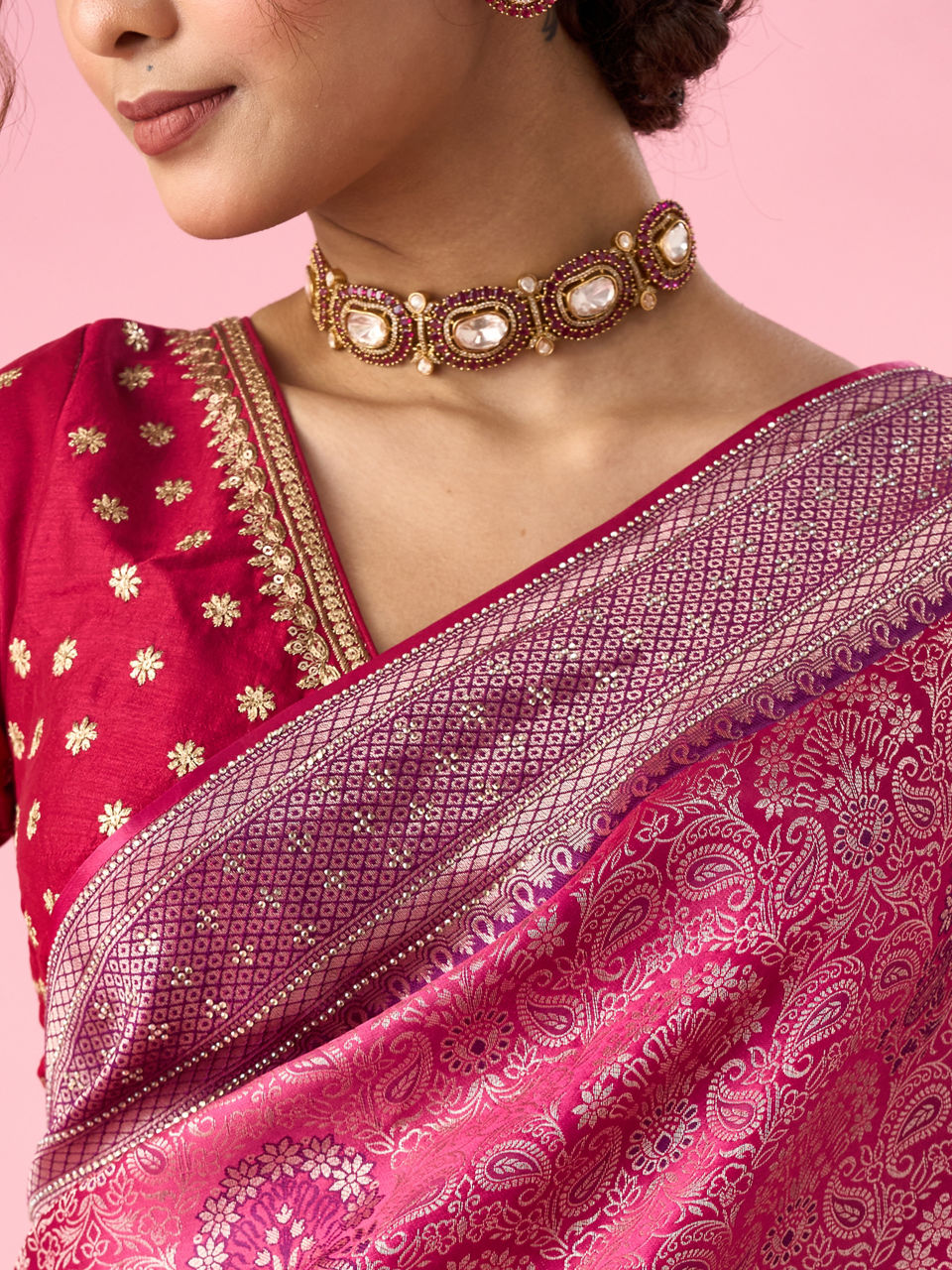 Mohey Pink Silk Saree with Stone Work - view 4