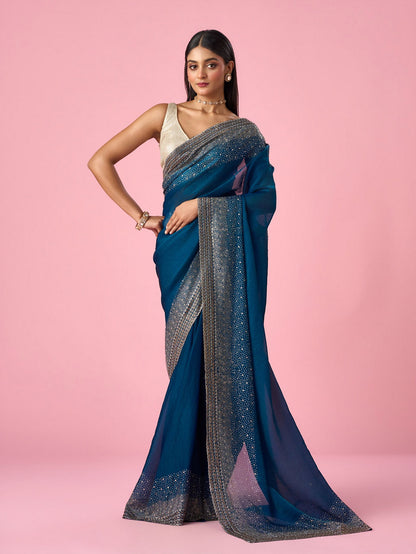Mohey Blue Organza Saree with Stone Work