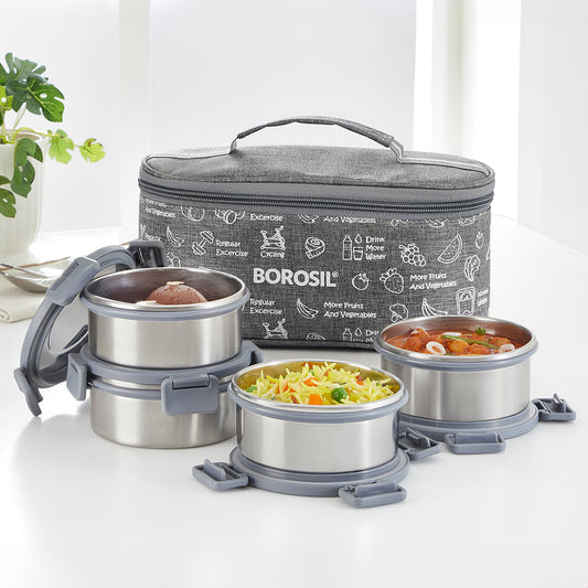 Borosil Slate Round Stainless Steel Lunchbox Set of 4