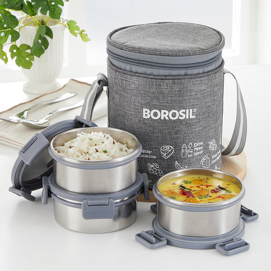 Borosil Slate Round Stainless Steel Lunchbox 280 ml Set of 3