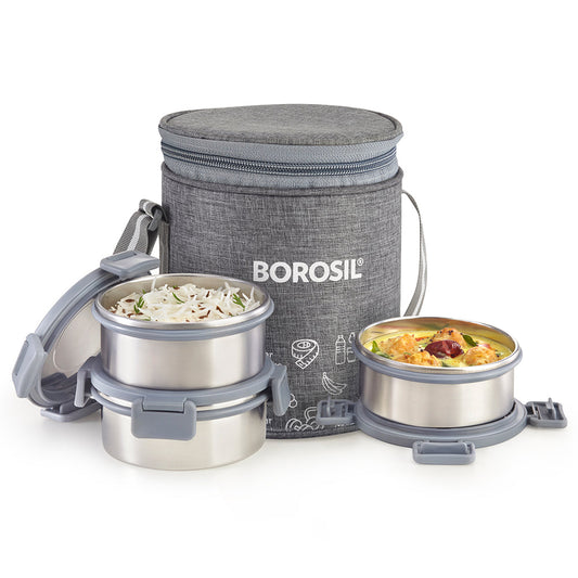Borosil Slate Round Stainless Steel Lunchbox 280 ml Set of 3
