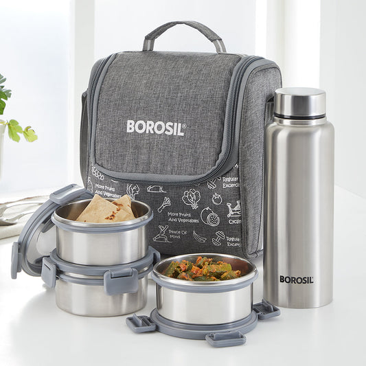 Borosil Slate Round Stainless Steel Lunchbox with Bottle