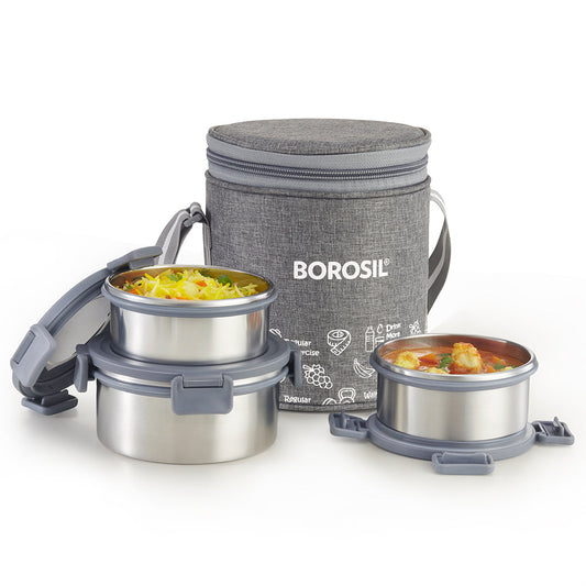 Borosil Slate Round Stainless Steel Lunchbox 460 ml Set of 3