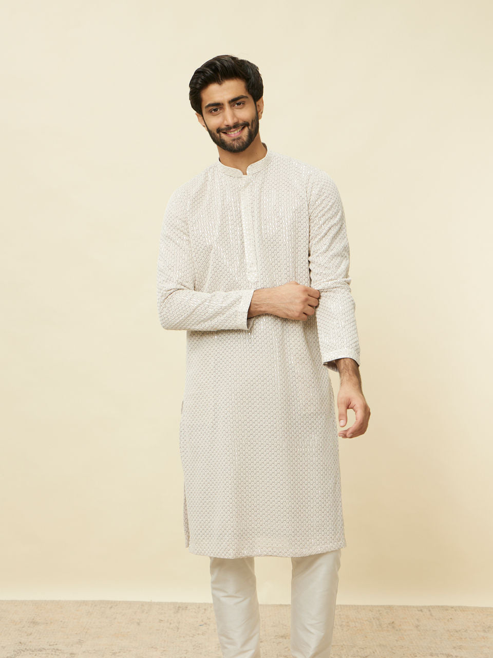 Manyavar Glacier Grey Chikankari Kurta Set