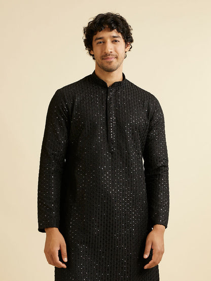 Manyavar Midnight Black Petal String Patterned Kurta Set with Mirror Work