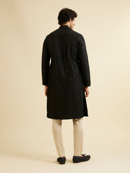 Manyavar Midnight Black Petal String Patterned Kurta Set with Mirror Work - view 5