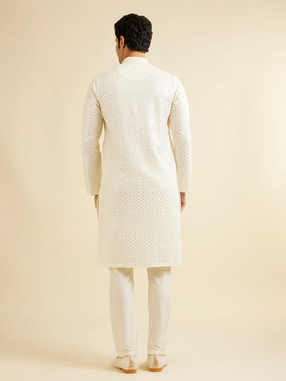 Manyavar Warm White Petal String Patterned Kurta Set with Mirror Work - view 5