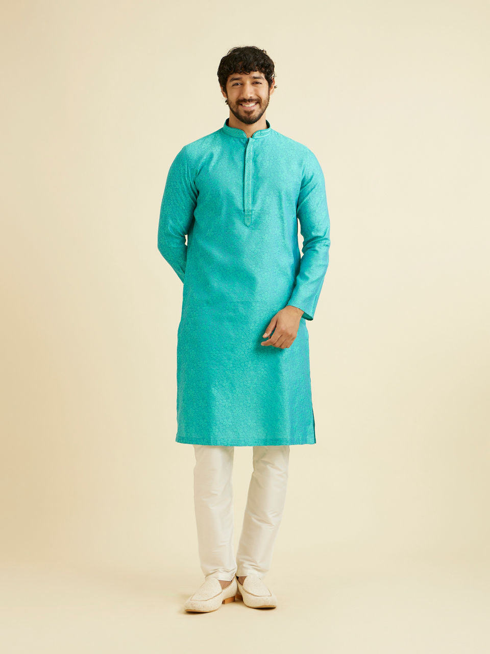 Manyavar Turquoise Blue Bel Buti Patterned Kurta Set - view 3