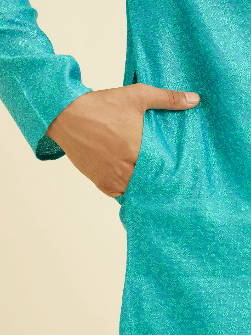 Manyavar Turquoise Blue Bel Buti Patterned Kurta Set - view 4