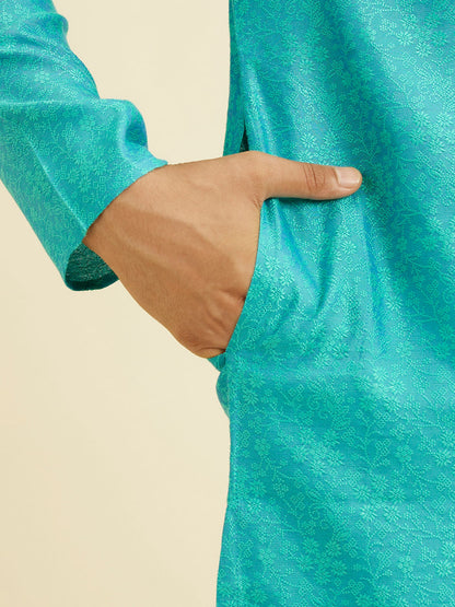 Manyavar Turquoise Blue Bel Buti Patterned Kurta Set - view 4