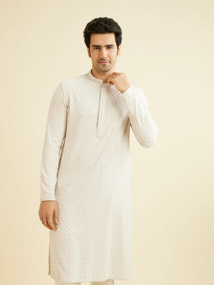 Manyavar Smoke Grey Grid Patterned Chikankari Kurta Set with Sequin Work