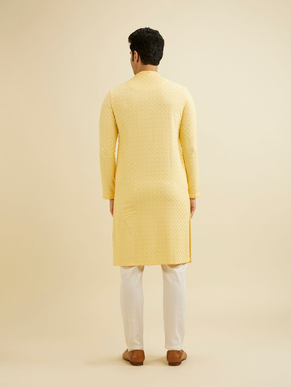Manyavar Sunglow Yellow Grid Patterned Chikankari Kurta Set with Sequin Work - view 6