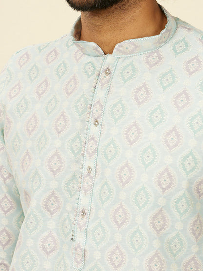 Manyavar Light Blue Medallion Patterned Kurta Set - view 2