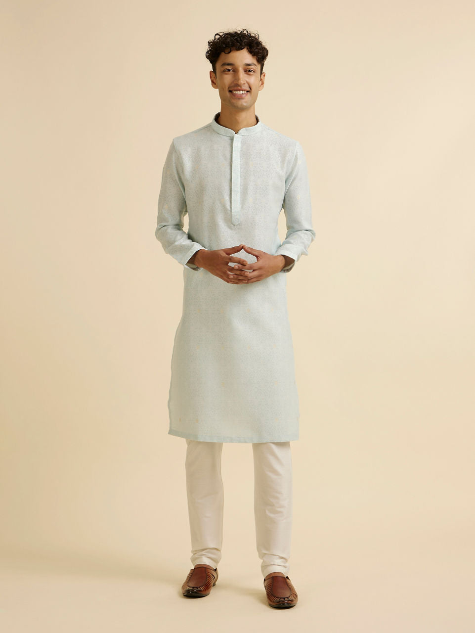 Manyavar Light Blue Dotted Print Self Patterned Kurta Set - view 3