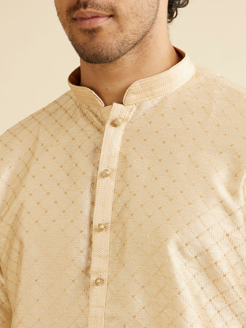 Manyavar Sand Beige Lattice Patterned Kurta Set - view 2