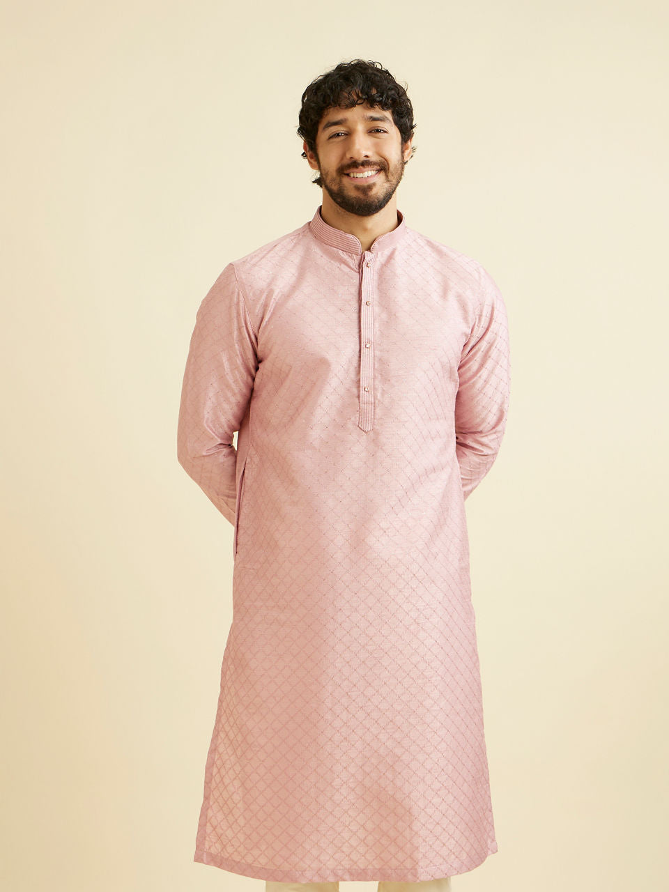 Manyavar Dusty Pink Lattice Patterned Kurta Set