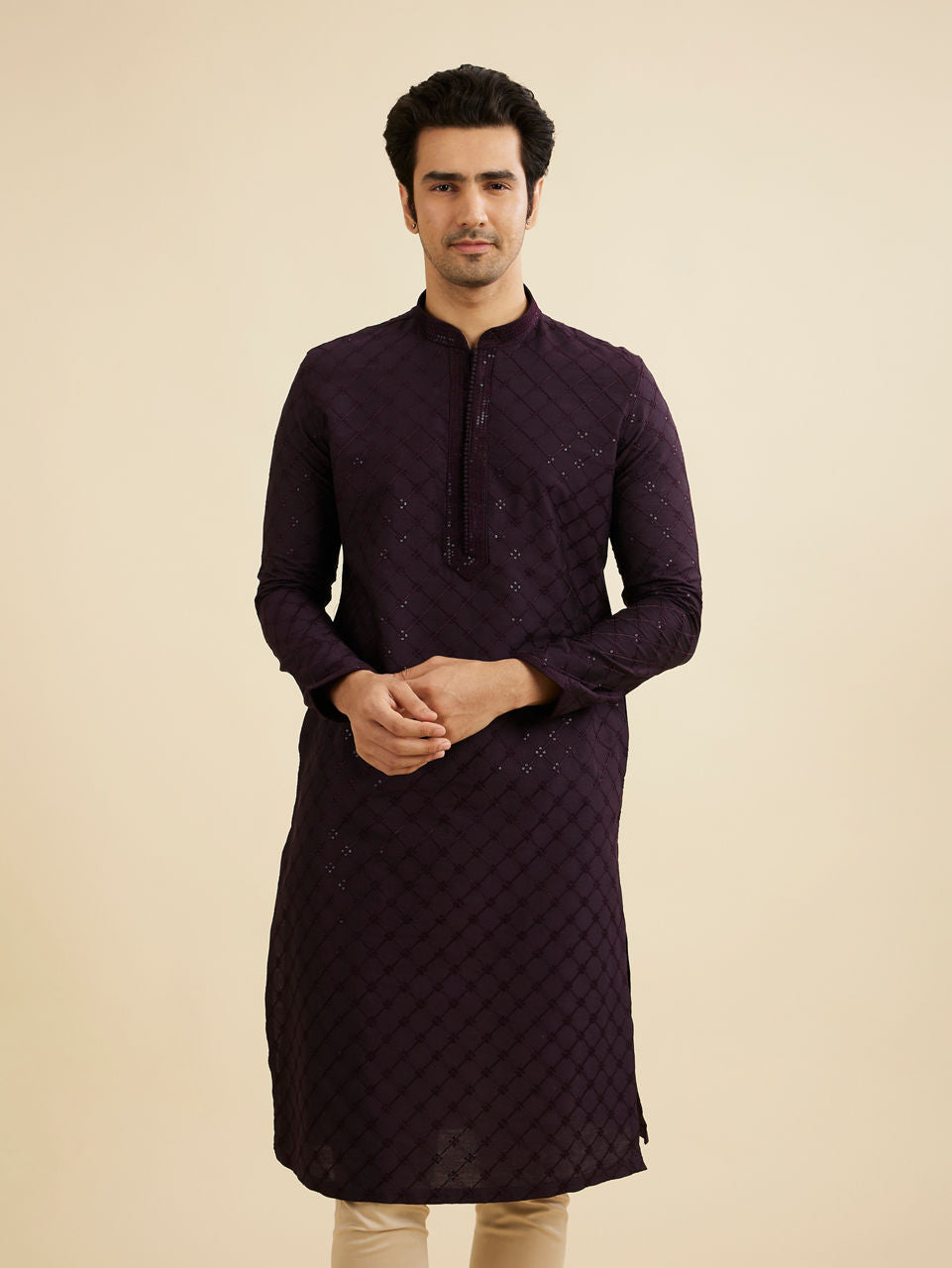 Manyavar Plum Purple Self Patterned Sequinned Kurta Set