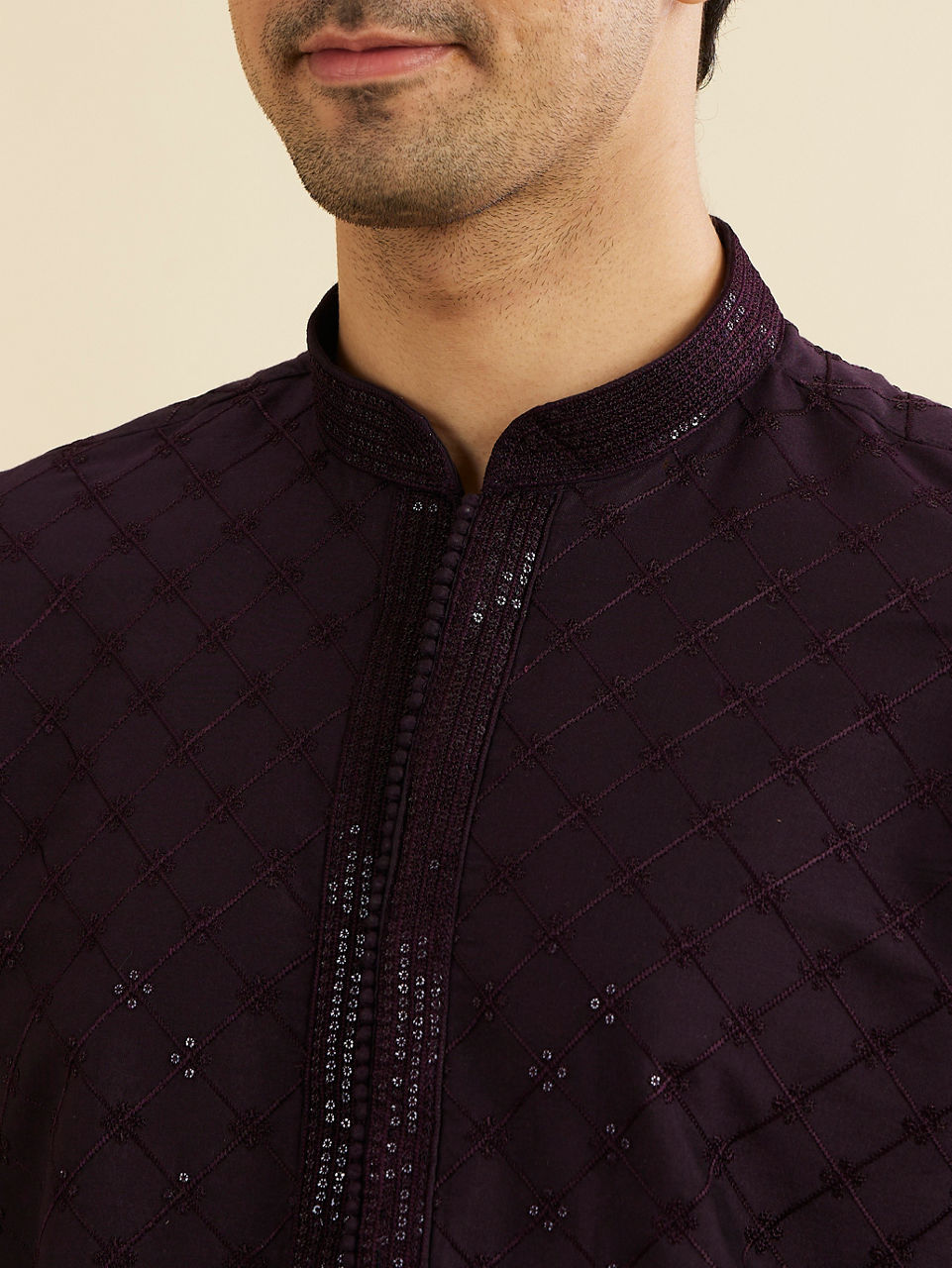 Manyavar Plum Purple Self Patterned Sequinned Kurta Set - view 2