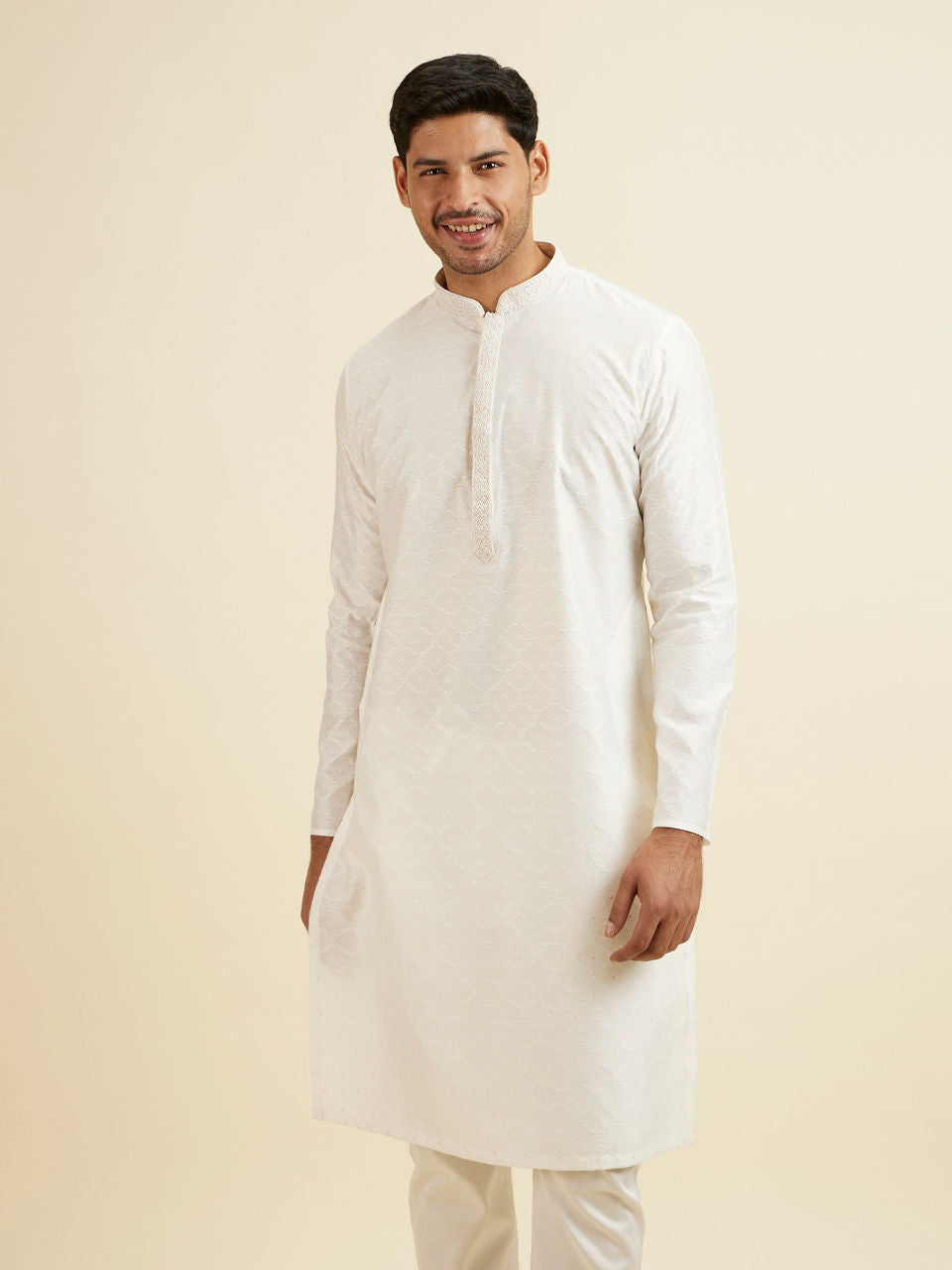 Manyavar White Jaal & Medallion Patterned Kurta Set