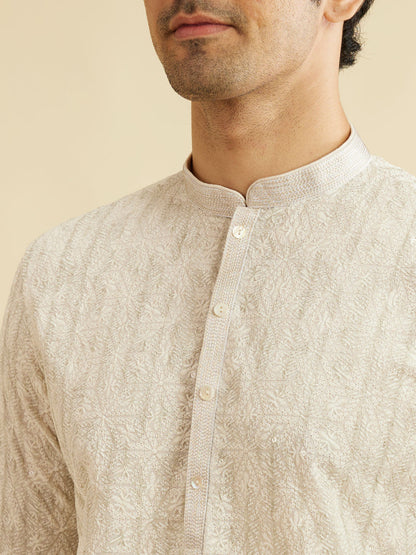 Manyavar Soft Beige Chikankari Sequin Embellished Kurta Set - view 2