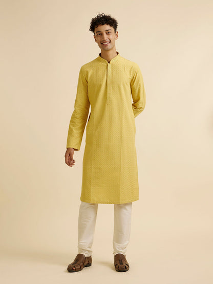 Manyavar Mustard Yellow Grid Jaal Patterned Kurta Set - view 3