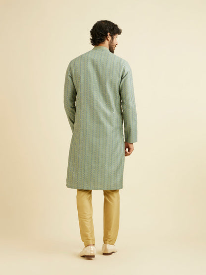 Manyavar Soft Green Linear Patterned Kurta Set with Sequin Work - view 6