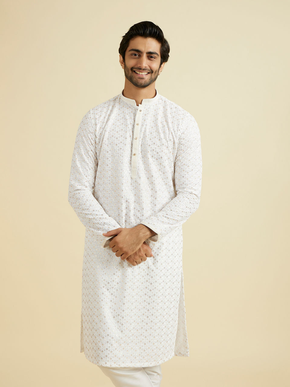 Manyavar Elegant White Cotton Kurta Pajama
