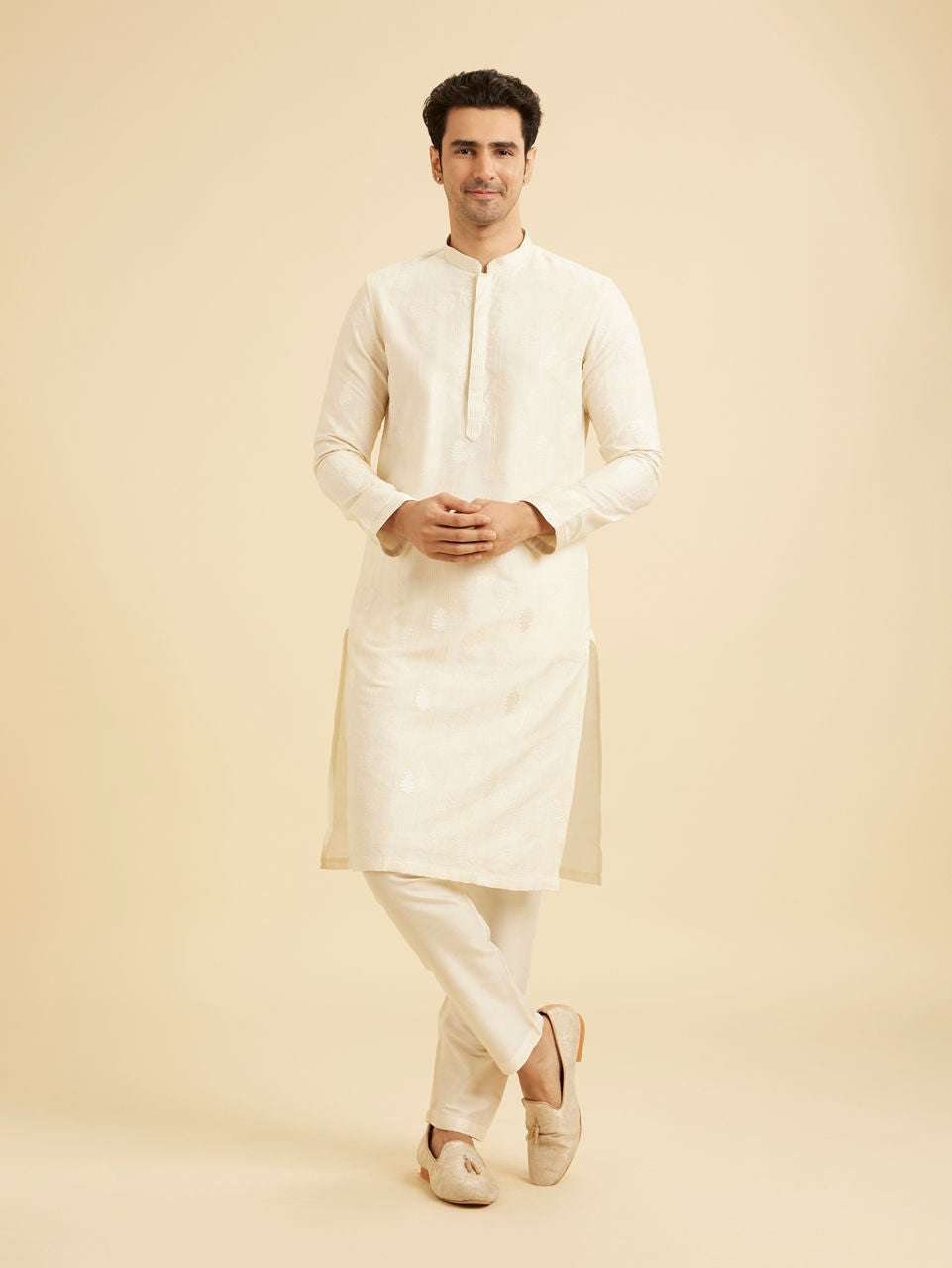 Manyavar Cream Hued Elegance Kurta Pajama - view 3