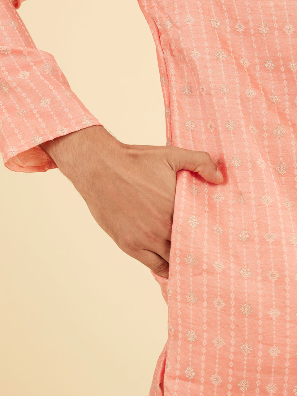 Manyavar Peach Kurta Pajama Ensemble - view 4