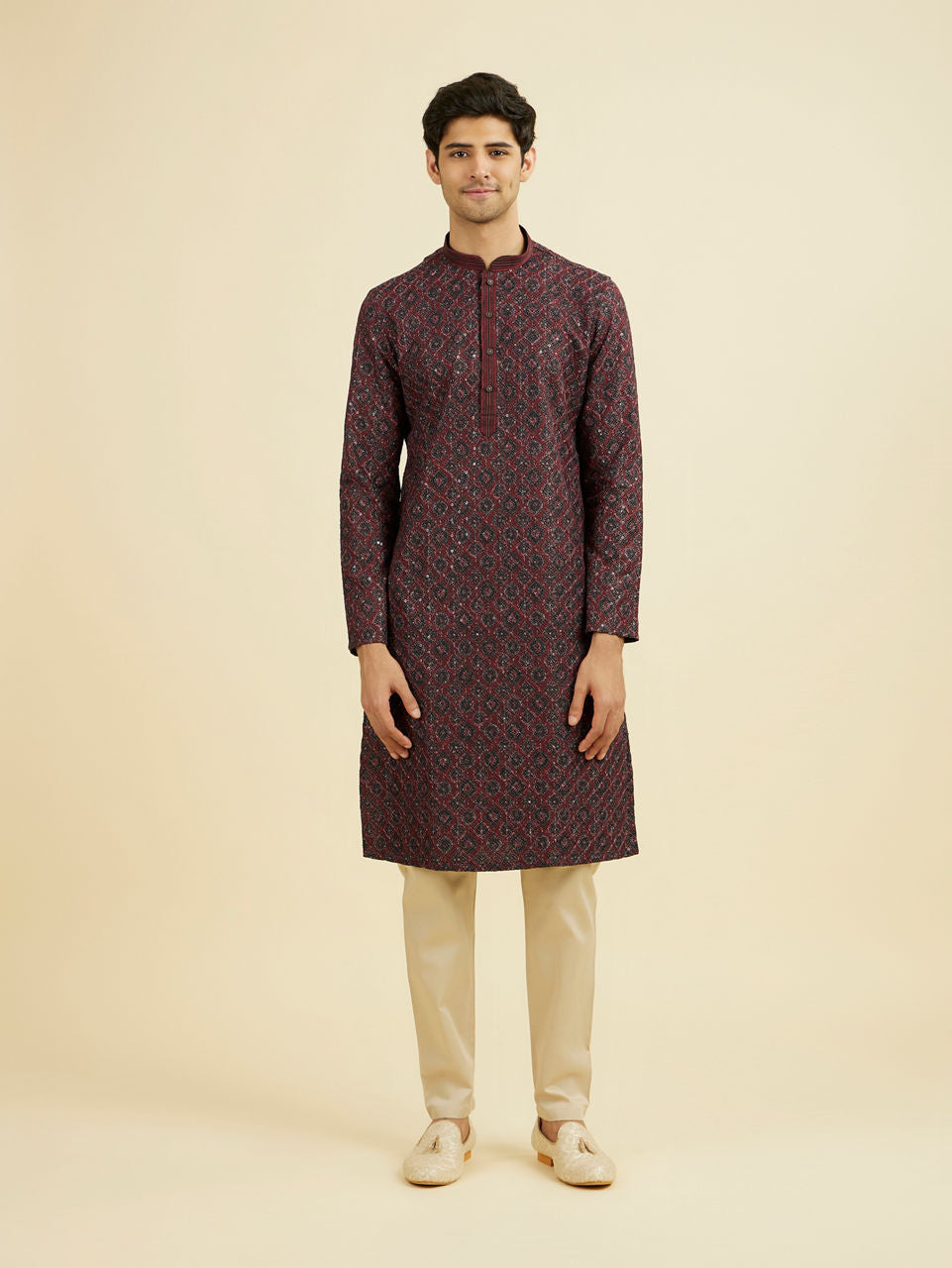 Manyavar Maroon Elegance Kurta Pajama - view 3
