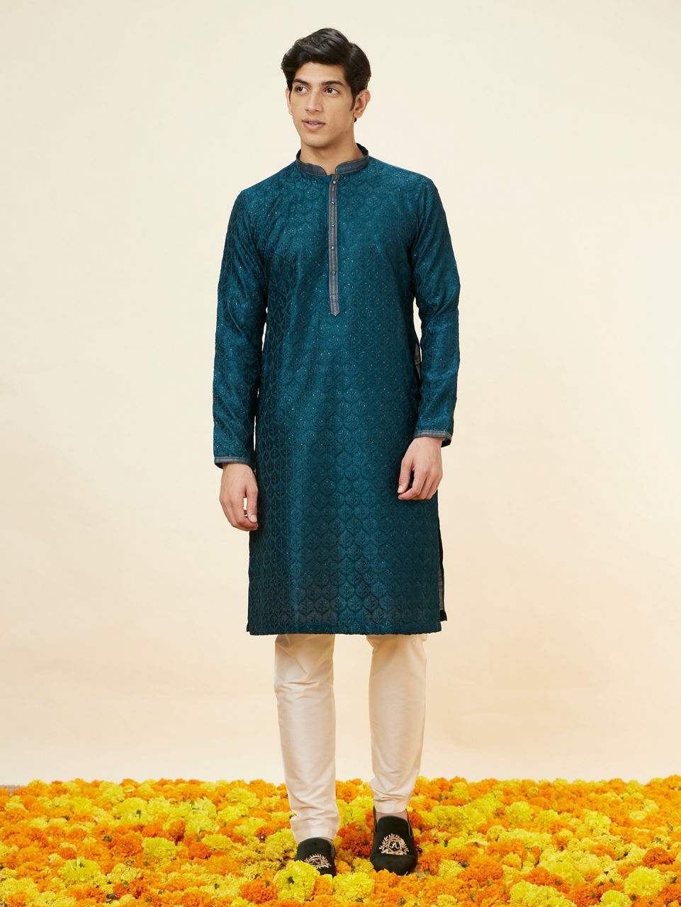 Manyavar Teal Blue Leaf Jaal Patterned Kurta Set - view 3