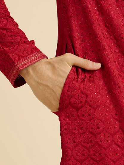 Manyavar Red Medallion Patterned Kurta Set with Rhinestones - view 4