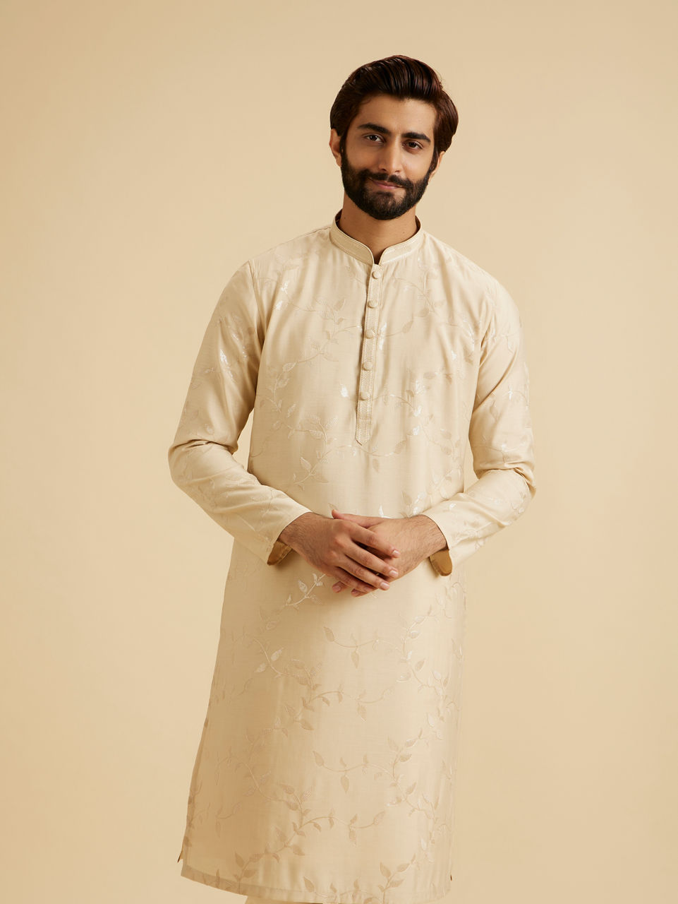 Manyavar Beige Elegance Kurta Pajama