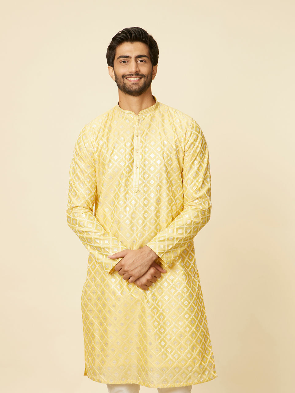 Manyavar Sunny Yellow Grid Patterned Kurta Set