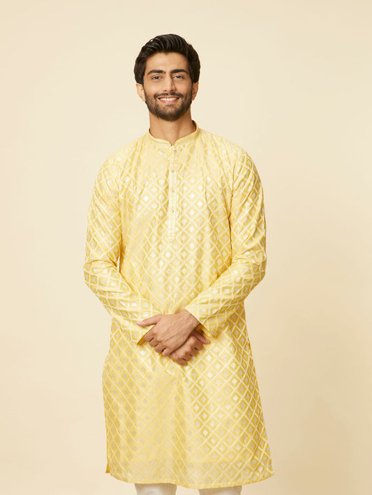 Manyavar Sunny Yellow Grid Patterned Kurta Set