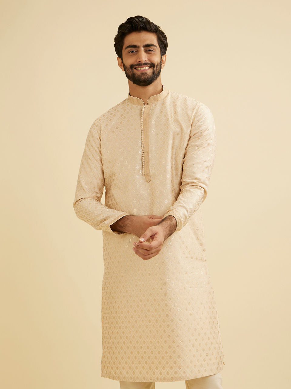 Manyavar Golden Beige Buta Patterned Kurta Set