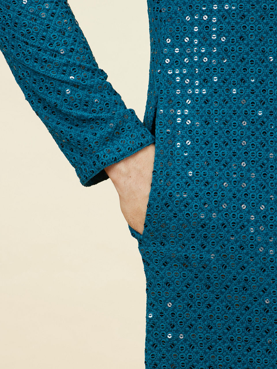 Manyavar Teal Blue Geometric Chikankari Kurta Set - view 4