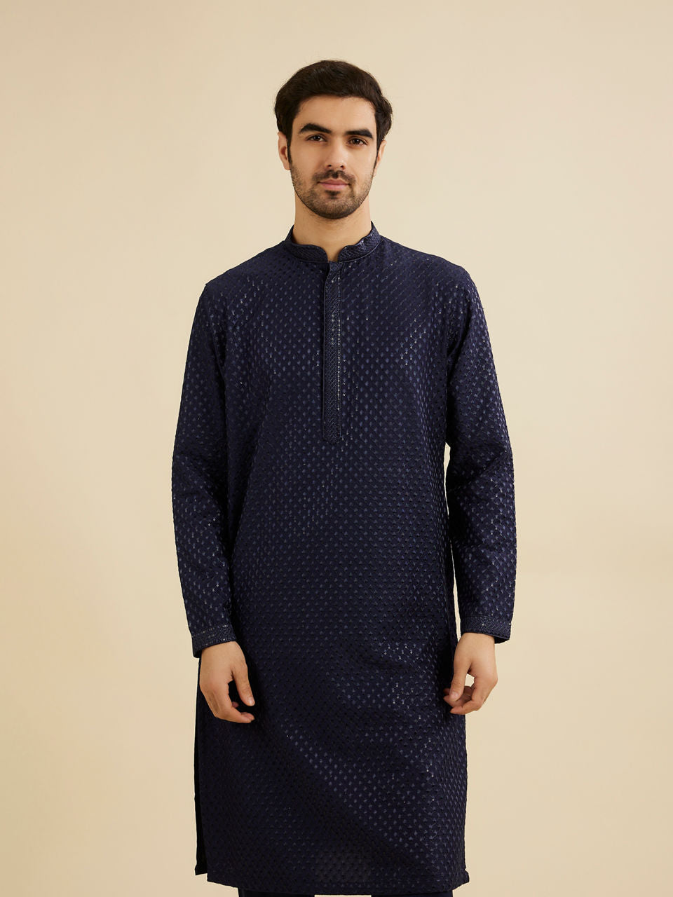 Manyavar Midnight Blue Embroidered Kurta Set With Sequin Work