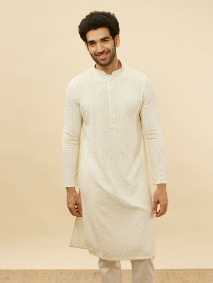 Manyavar Soft Cream Chikankari Sequinned Kurta Set