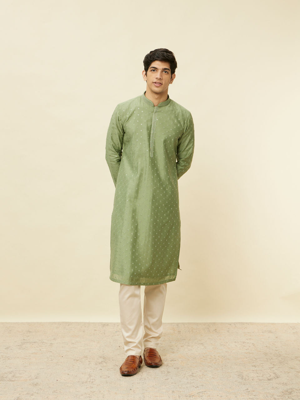 Manyavar Sage Green Sequined Kurta Set - view 3